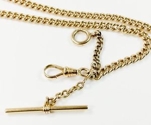 14K Yellow Gold Pocket Watch Cable Link Fob Chain T-Bar 32.2 grams - 14.5