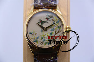 New Beijing Man Wristwatch Woman RoseGold Chinese Silk double bird Fine Art