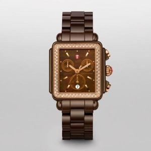 NEW Michele Chocolate Brown Deco Diamond  Ceramic Rose Gold Watch MWW06F000016