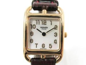 Auth HERMES 18K Yellow Gold Leather Capecode Wristwatch Watch CC1.185