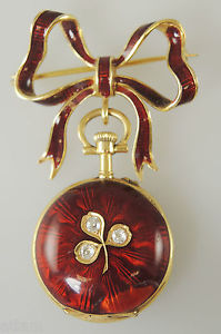 Beautiful 18K gold, RED ENAMEL and DIAMOND Set Ladies Fob Watch c1890