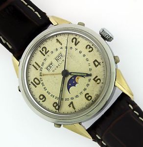 Automatic Gubelin Triple Date Moon Phase Stainless Steel Watch w/Gold Lugs WOW!