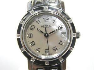 Auth HERMES Stainless Steel Diamond Clipper Nacre Watch Quartz CL4230