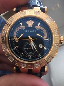 Versace Men's 23C82D008 S009 V-RACE CHRONO Diamond Gold IP Black Leather Watch