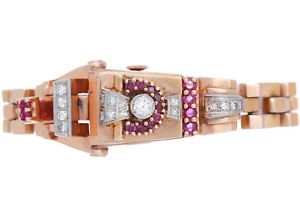 Very Unusual Collectible Vintage Art Deco Style Bulova Retro Diamond Ruby 14k Ro