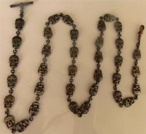 19th C Victorian solid silver Memento Mori Skull pocket watch chain fob.80cm!!!