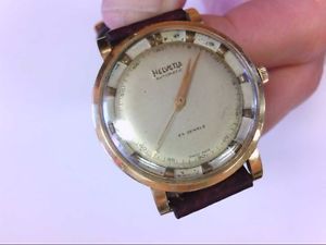 Vtg Helvetia Swiss 18K Solid Y Gold Auto 24 J Leather Wrist Watch. NEEDS TLC!