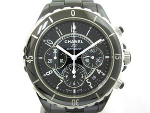 Auth CHANEL Stainless Steeel Ceramic J12 Chrono Mens Watch Automatic Black