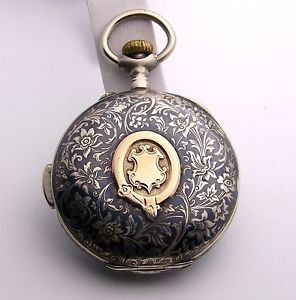 Fancy Sterling Silver Floral Niello Open Face Quarter Repeater Project  c. 1900
