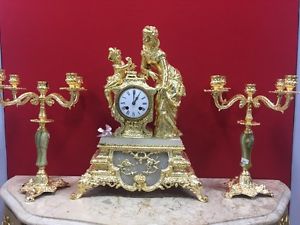 C790 TRITTICO RELOJ Y VELA francés de París MÁRMOL ORO