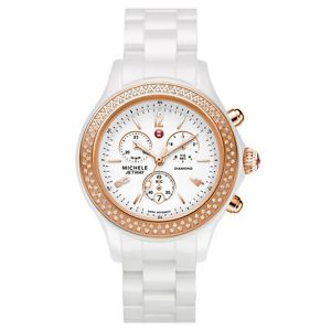 NEW MICHELE LADIES JETWAY WHITE CERAMIC ROSE GOLD DIAMOND WATCH MWW17B000008