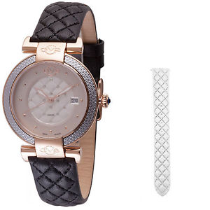 GV2 By Gevril Women's 1504 Berletta Diamonds Rose-Gold IP Black Leather Watch