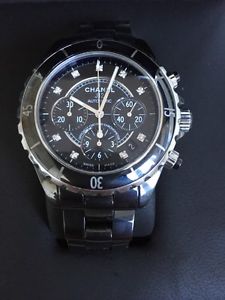 CHANEL J12 BLACK CHRONOGRAPH WATCH, DIAMONDS ON THE DIAL, W Box, Papers & Links
