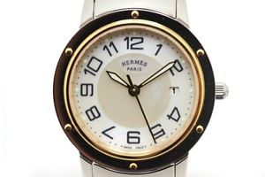 Used Watch HERMES Clipper CP1.320 Quartz Center White Shell YG / SS Mint R6U