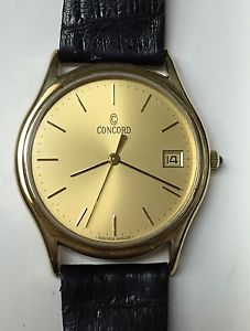 Vintage CONCORD Men 14K GOLD Quartz Watch w/Leather Band! L@@K!