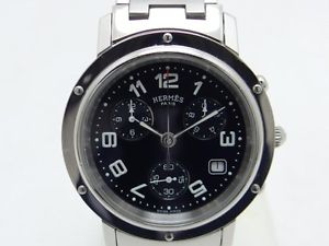 Used Watch Men HERMES Clipper Chrono CL1.910 Quartz black SS Excellent G5D