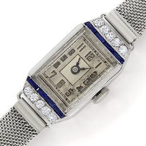 Original Artdeco 18K Damenuhr mit Diamanten und Safiren - JUWELENMARKT DE, U2292