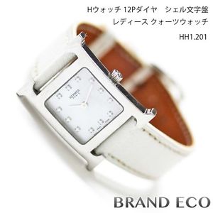 HERMES H watch 12 P diamond shell dial ladies Quartz Watch O stamp HH1.201 si...