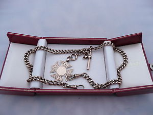 SUPERB ANTIQUE 9CT ROSE GOLD DOUBLE ALBERT POCKET WATCH CHAIN & FOB 1886