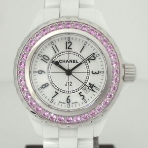 Auth CHANEL J12 White Ceramic&Pink Sapphire Women's Quartz H1181 140951