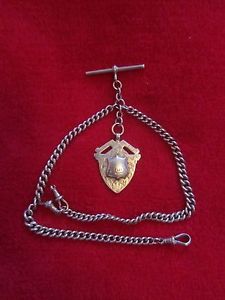 ANTIQUE 9CT GOLD DOUBLE ALBERT POCKET WATCH CHAIN WITH T BAR & FOB 50.2g