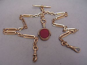 HEAVY FULLY HALLMARKED 9.375 GOLD ANTIQUE DOUBLE ALBERT POCKET WATCH CHAIN & FOB