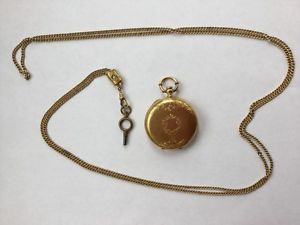 18K Gold LOCLE Pocket Watch Hunter Case w/ Chain