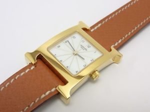 Pre-Owned HERMES H SS (GP) / Leather White Dial Women's Wristwatch HH1.201, MR