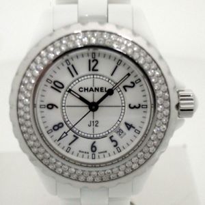 Auth CHANEL J12 33mm White Ceramic&Diamond Women's Quartz H0967 138387