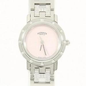 Pre-Owned HERMES CL4.230 Clipper 12P Diamonds Ladies Pink Shell Quartz Watch, MD