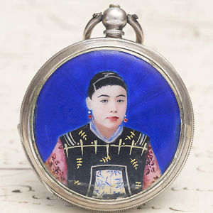 Antique CHINESE MARKET Silver & Enamel Painting Pocket Watch GEORGES FAVRE-JACOT