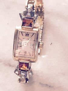 VINTAGE LADIES MOVADO MECHANICAL 14K GOLD CITRINES & DIAMONDS DRESS WATCH WORKS