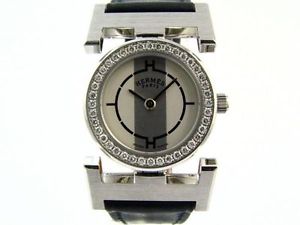 Auth HERMES Paprika Diamond Bezel Sq.-G SS/Leather watchband PA1.230 USED