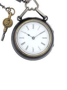 Anon Swis .800 Silver and Wood Open Face Pocket Watch w/ Chatelaine