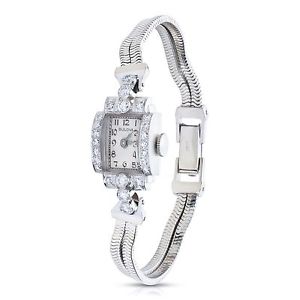 Vintage Ladies Bulova 14KT White Gold Manual Diamond Watch Platinum Case 5Af