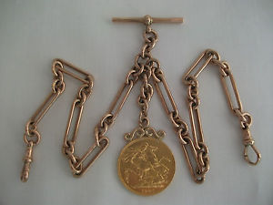 9CT SOLID GOLD, DOUBLE ALBERT  WATCH CHAIN + DOUBLE £2  SOVEREIGN, 63.9 GRAMS