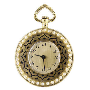 18k Yellow Lady Pocket Watch With Pearls & Black Enamel 1970’s Vintage