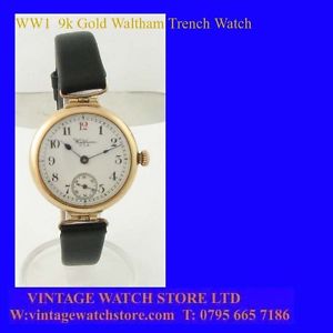 Mint WW1 9k Gold Waltham Officers Trench Deco Watch 1918