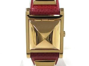 Auth HERMES Leather Belt Gold Plated Medor Watch ME1.201 Quartz Women