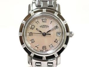 Auth HERMES Stainless Steel Diamond Clipper Nacre Watch CL4.230 Quartz