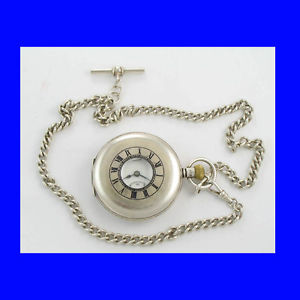 Mint Silver J W Benson 15J Half-Hunter Pocket Watch 1933 & Double Albert Chain