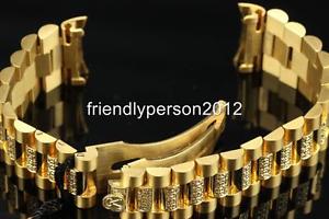 Pave Dia Romanson 18K Solid Yellow Gold 20mm Men's President Hidden Clasp Band