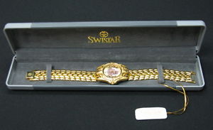 RARE COLONEL LIBYA GADDAFI QADDAFI SWISTAR QUARTZ WATCH GOLD PLATED V GOOD CONDI
