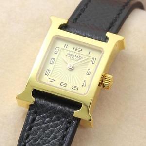 New Hermes H Ladies HH1.101 (037994WW00) SS Leather Quartz Gold Dial Watch,AS