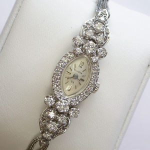 $5000+ BULOVA OVAL 14K SOLID WHITE GOLD W/ 2CT DIAMONDS 1972 LADIES 23J WATCH
