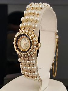 Ladies Vintage Lucien Piccard 14k Yellow Gold & Pearl Wind Watch Blue Sapphire