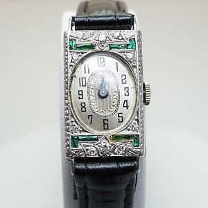 Vintage 18k White Gold Diamond & Emerald Womens Benrus Watch Ladies Wrist