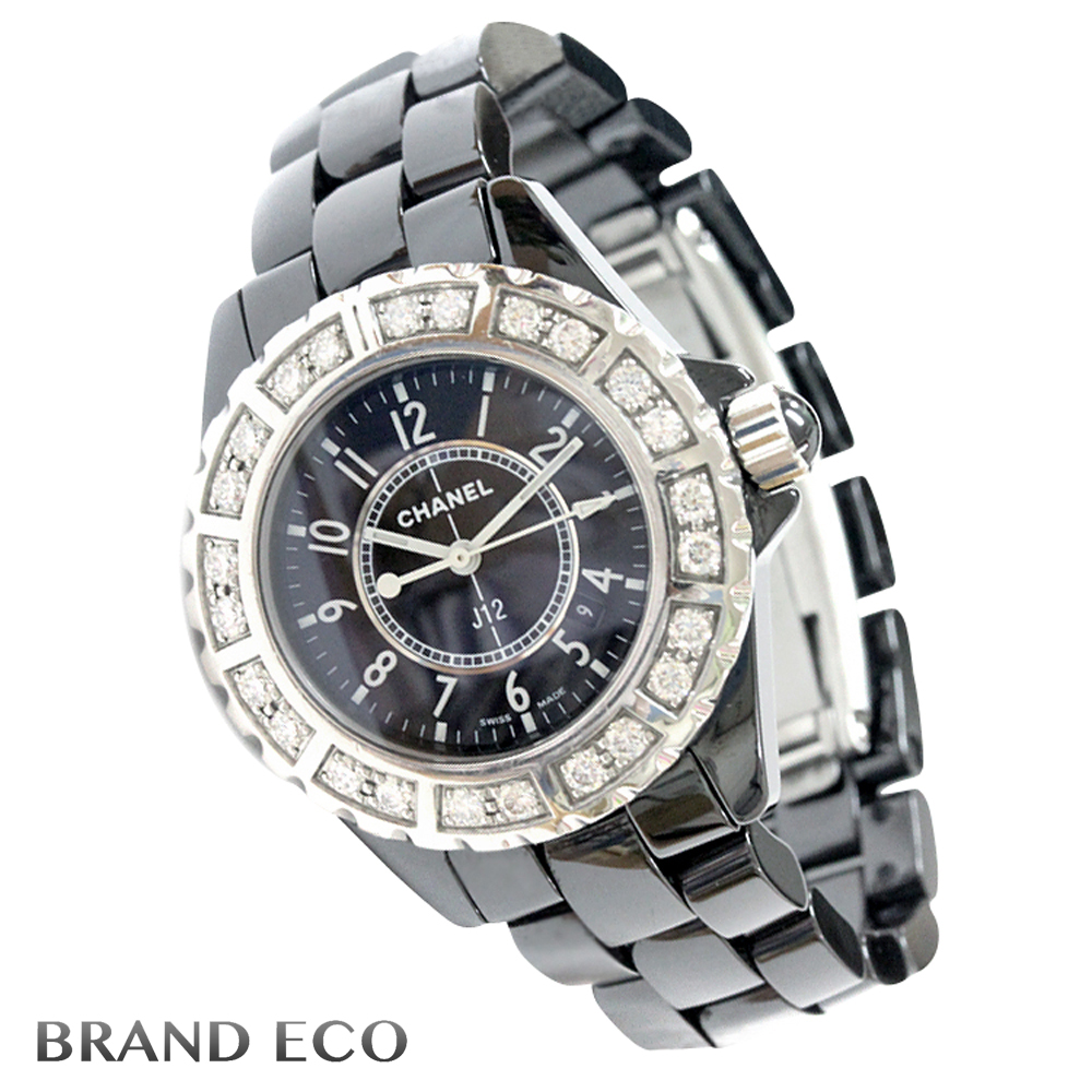 CHANEL J12 DIA bezel ladies quartz watch H1173 Black Silver SS ceramic diamon...
