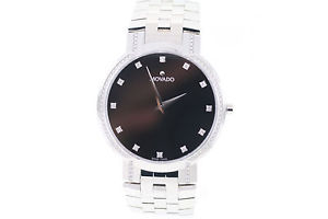 Men's Movado 0606237 Faceto Black Dial Diamond Accent Stainless Steel Watch