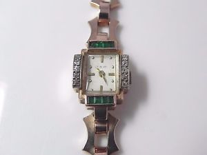 LADIES ANTIQUE 14 KT ROSE GOLD DIAMOND & EMERALD WATCH